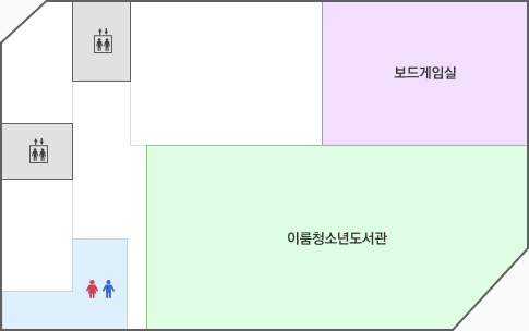 이룸청소년도서관 3층 안내도 : 보드게임실, 이룸청소년도서관, 남/여화장실, 엘리베이터 2대