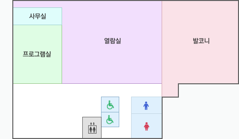 송현작은도서관 5층 안내도 : 사무실, 프로그램실, 열람실, 발코니, 여자화장실, 남자화장실, 엘리베이터