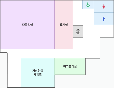 왼쪽 상단부터 시계방향으로 다목적실, 엘리베이터, 화장실, 야외 휴게실, 휴게실로 이루어져 있습니다.